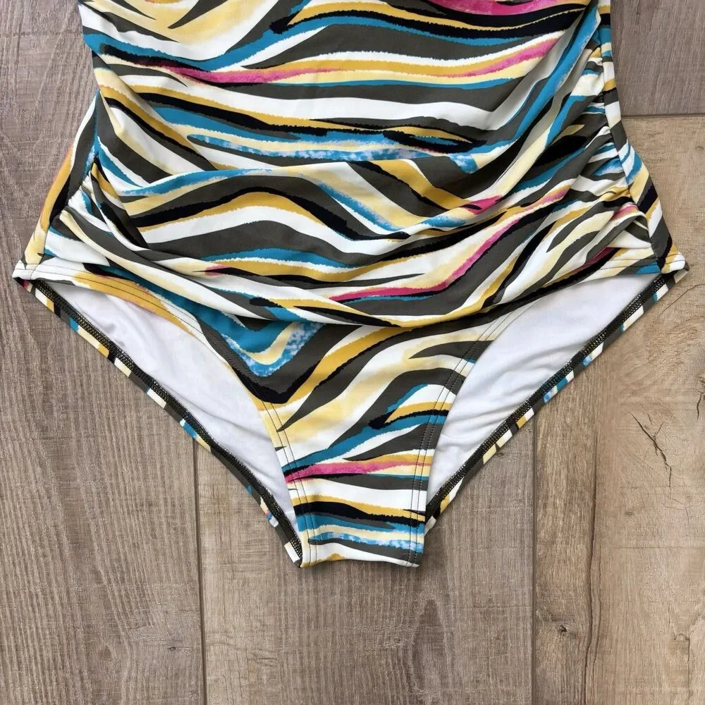 DKNY Women Ruffle One Piece Swimsuit Size 12 Colorful Ruched Tummy Control Artsy - Picture 4 of 16
